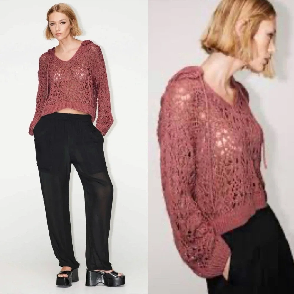 Zara Women's Pink Crochet Open‎ Knit Hooded Sweatshirt Size Small